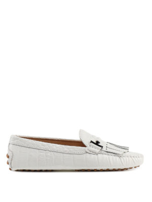 TOD'S: Mocassini e slippers - Mocassini bianchi in pelle con stampa cocco