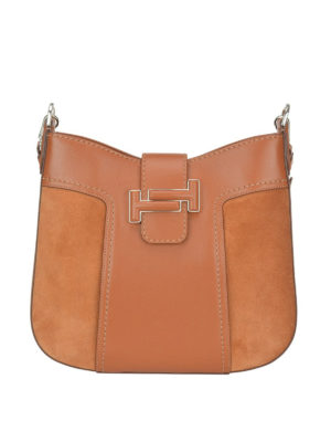 TOD'S: borse a spalla - Borsa hobo in camoscio e pelle con doppia T