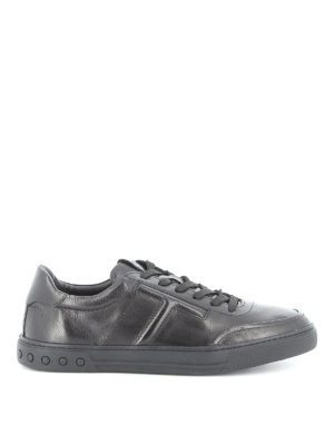 TOD'S: trainers - Black leather sneakers with padded T