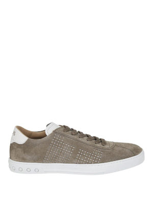 TOD'S: sneakers - Sneaker in suede tortora con fori