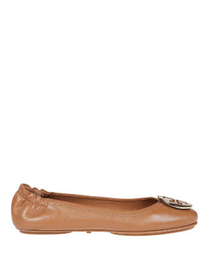 TORY BURCH: ballerine - Ballerine Minnie in pelle color cuoio