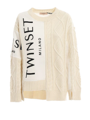 TWINSET: crew necks - Cable knit insert cotton fleece sweater