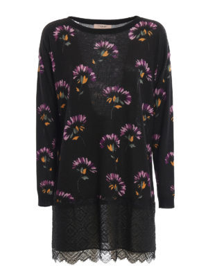 TWINSET: Strickpullover mit Rundhalsausschnitt - Rundhalspullover - Blumenmuster