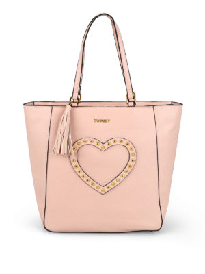 TWINSET: shopper - Shopper rosa con cuore e borchie