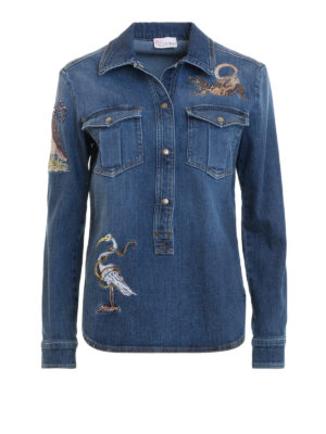 VALENTINO RED: bluse - Blusa in denim Rettili e Uccelli Incantati