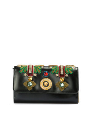 VERSACE: pochette - Clutch in pelle con ricami e strass
