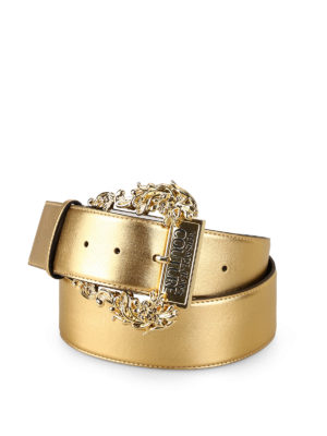 VERSACE JEANS: cinture - Cintura dorata in pelle con fibbia baroque