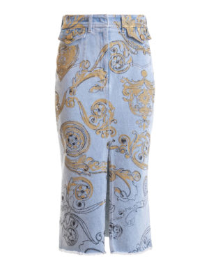 Versace Jeans Couture: Knee length skirts & Midi - Patterned denim pencil skirt
