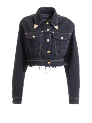 VERSACE JEANS: denim jacket - Frayed denim cropped jacket
