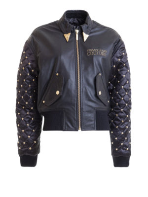 VERSACE JEANS: leather jacket - Studded satin and leather jacket