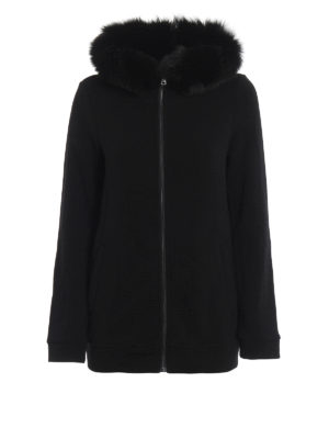 WOOLRICH: cardigans - Fur trimmed black wool blend cardigan
