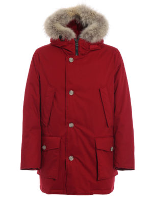 WOOLRICH: cappotti imbottiti - Parka imbottito rosso con bordo in pelliccia