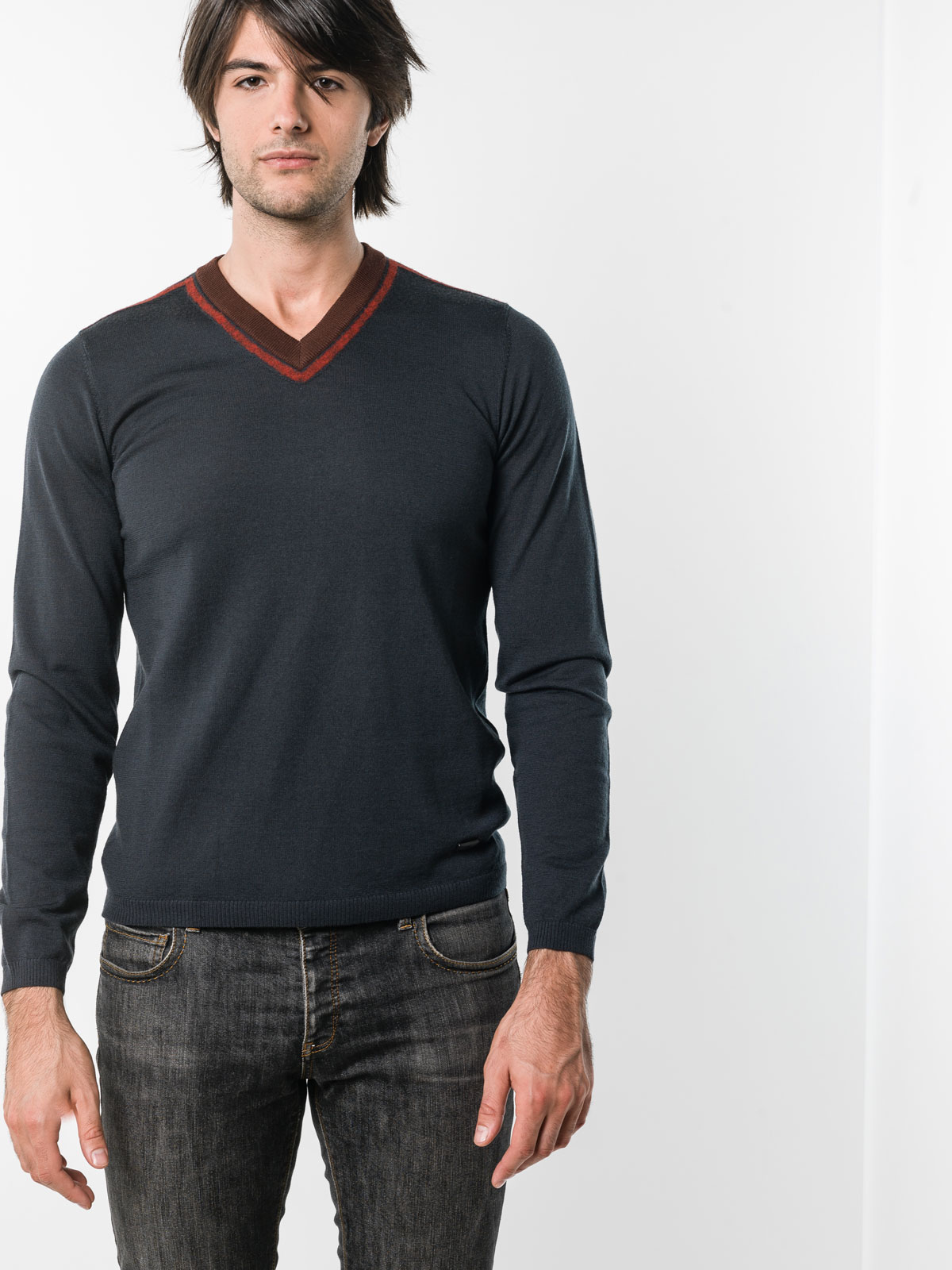 V necks Armani Collezioni - Gray V neck sweater with Red trim -  PCM15MPC10M640