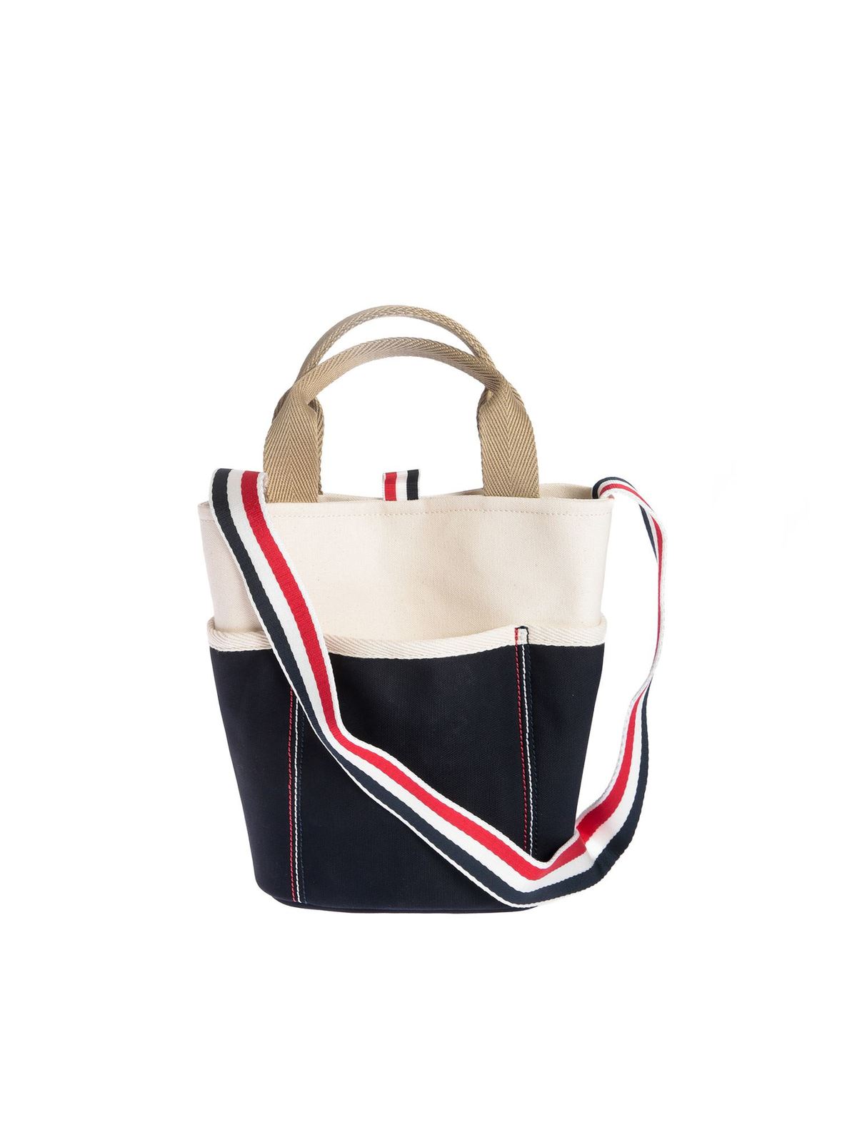 THOM BROWNE LARGE BUCKET BAG IN WHITE AND BLUE