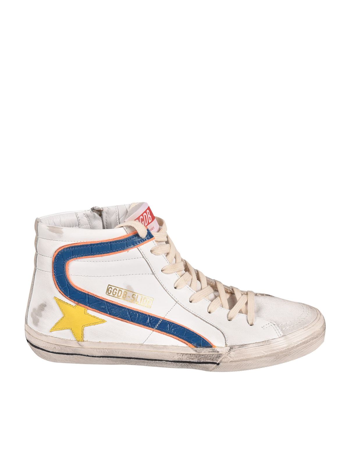 GOLDEN GOOSE SLIDE CLASSIC SNEAKERS IN WHITE AND BLUE