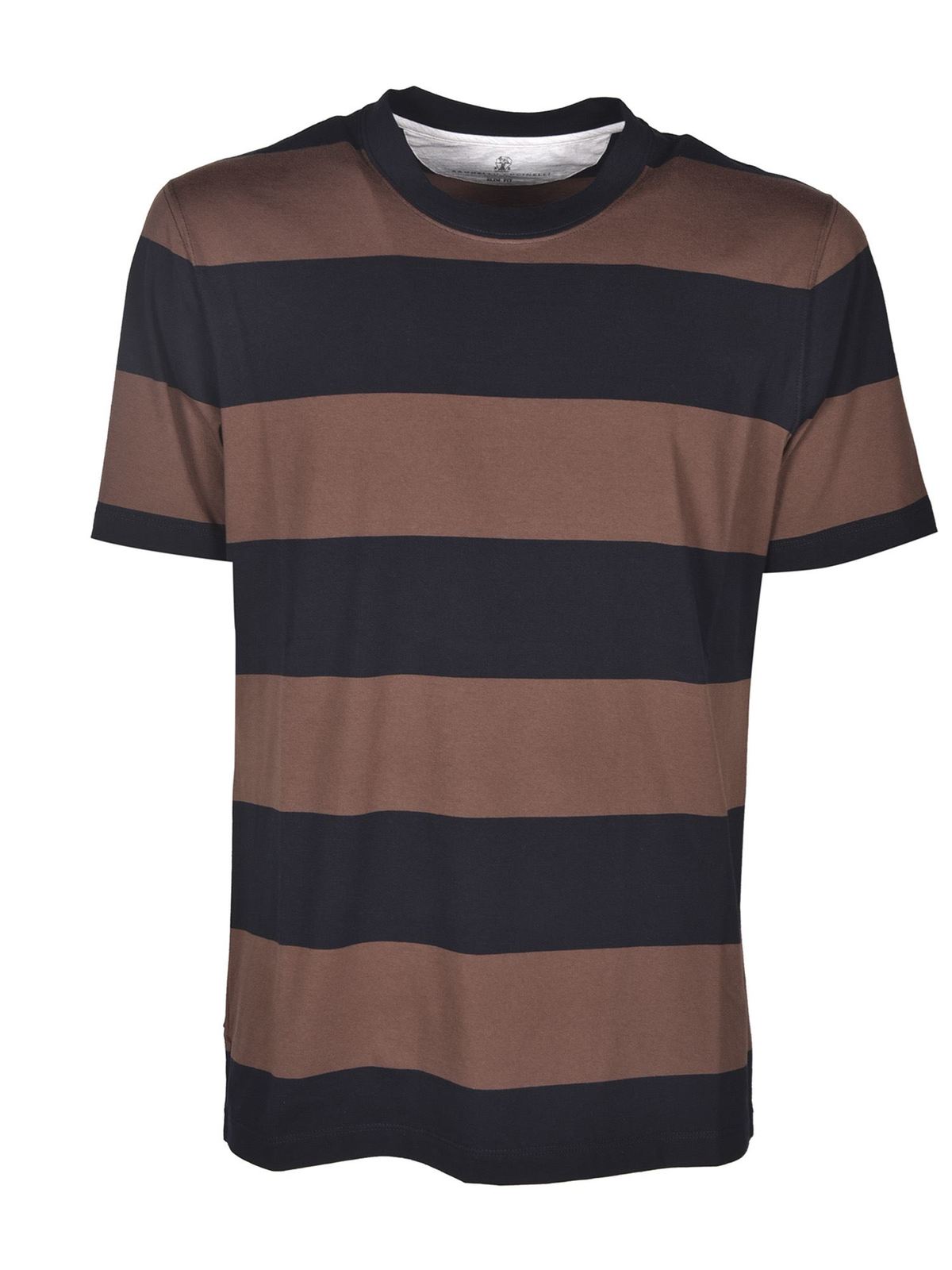 BRUNELLO CUCINELLI STRIPED T-SHIRT IN BROWN AND BLUE