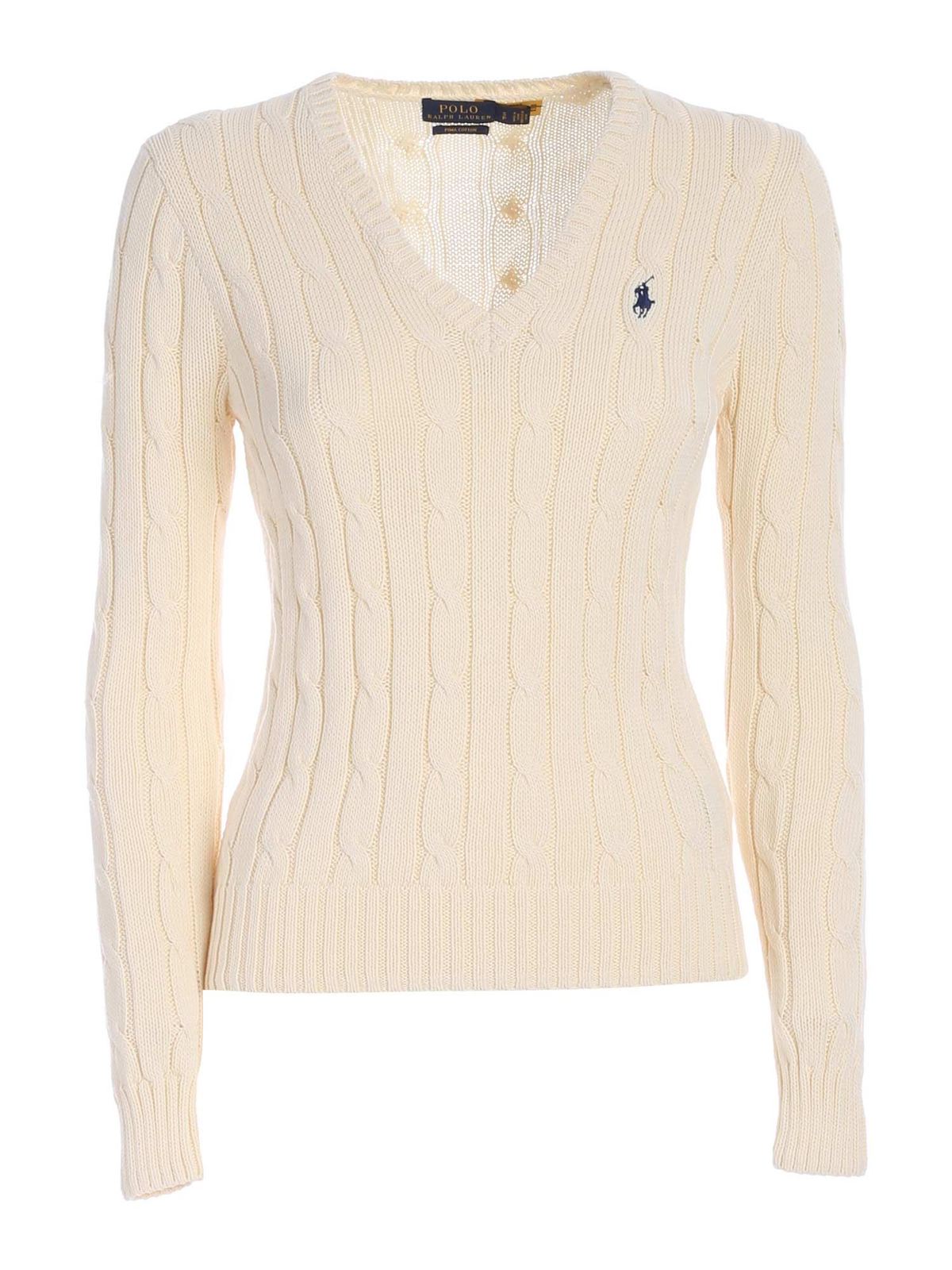V necks Polo Ralph Lauren - Logo embroidery sweater in cream color ...