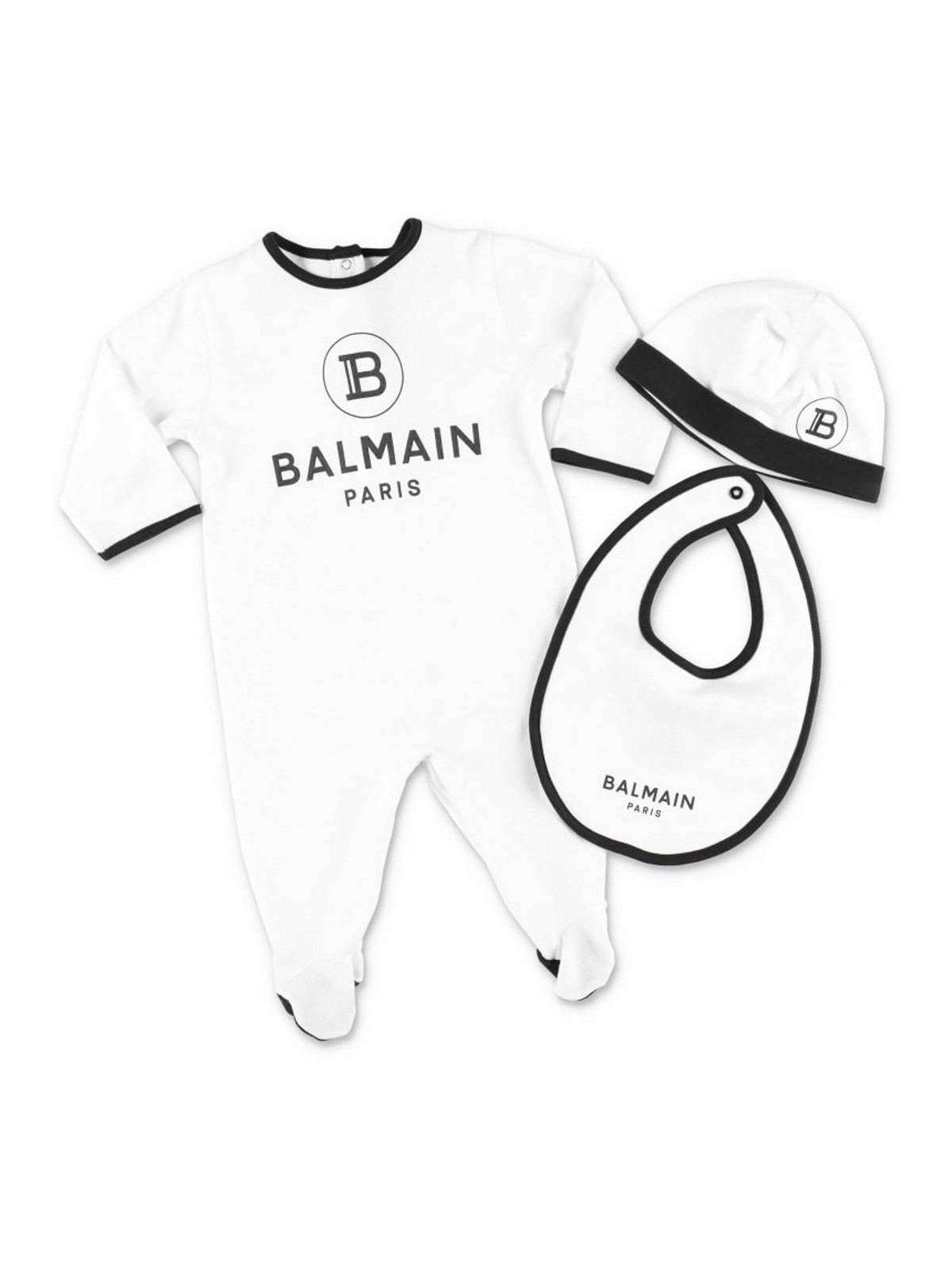 Balmain Kids' Cotton Romper Hat And Bib Set In White