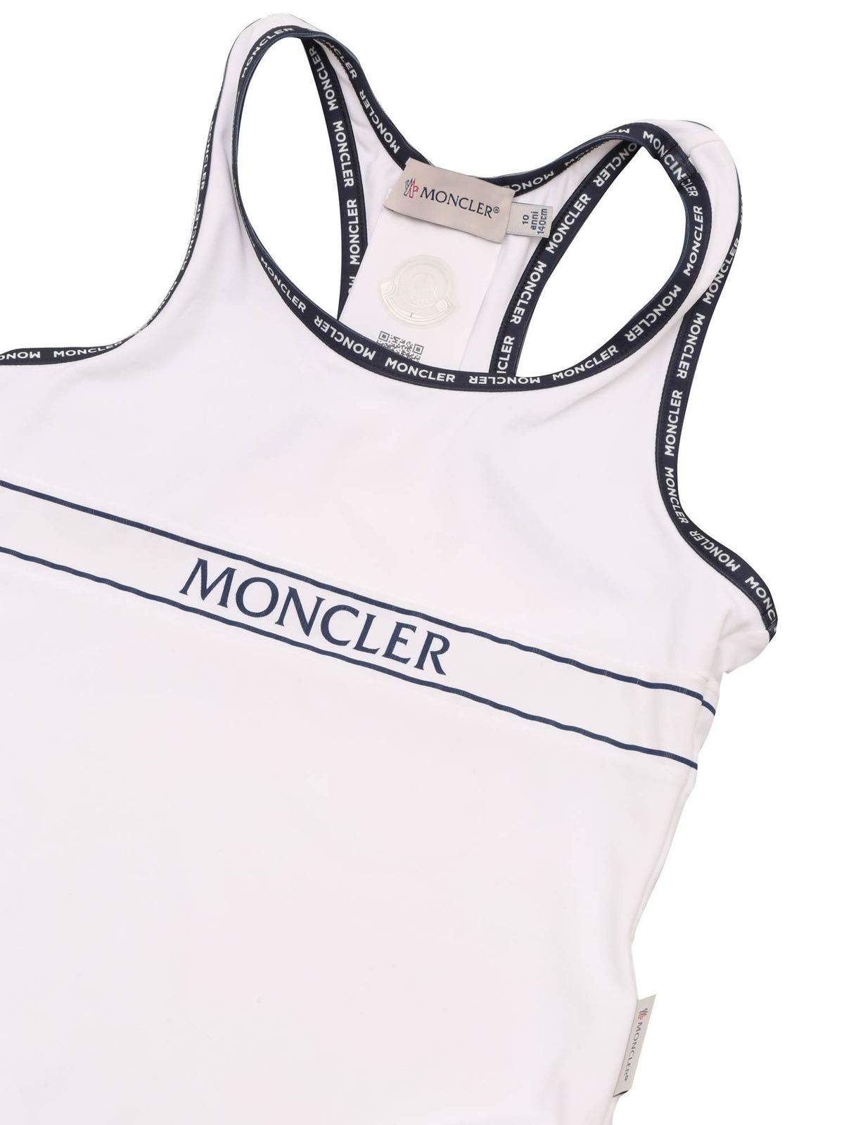 One Piece Moncler Jr Logo Swimsuit In White And Blue 2cp5001