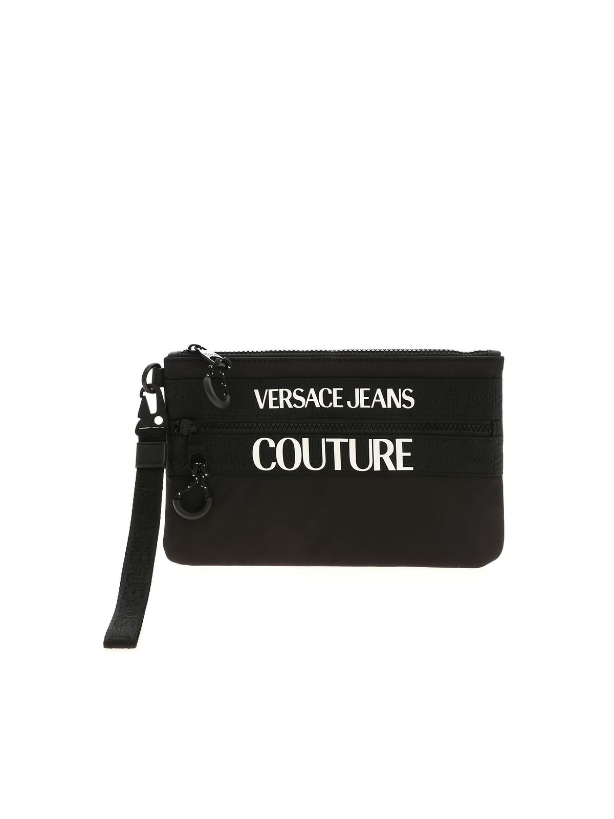 VERSACE JEANS COUTURE RUBBERIZED LOGO CLUTCH IN BLACK