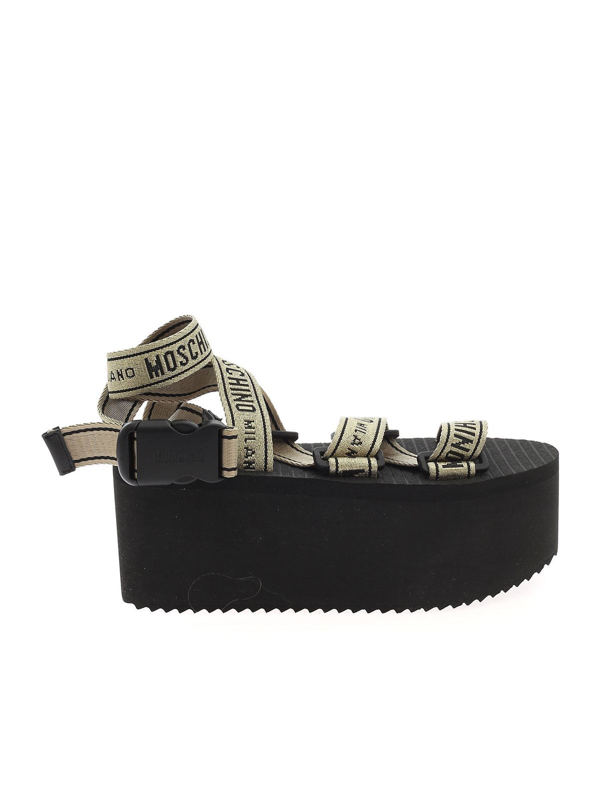 moschino logo tape wedge sandals