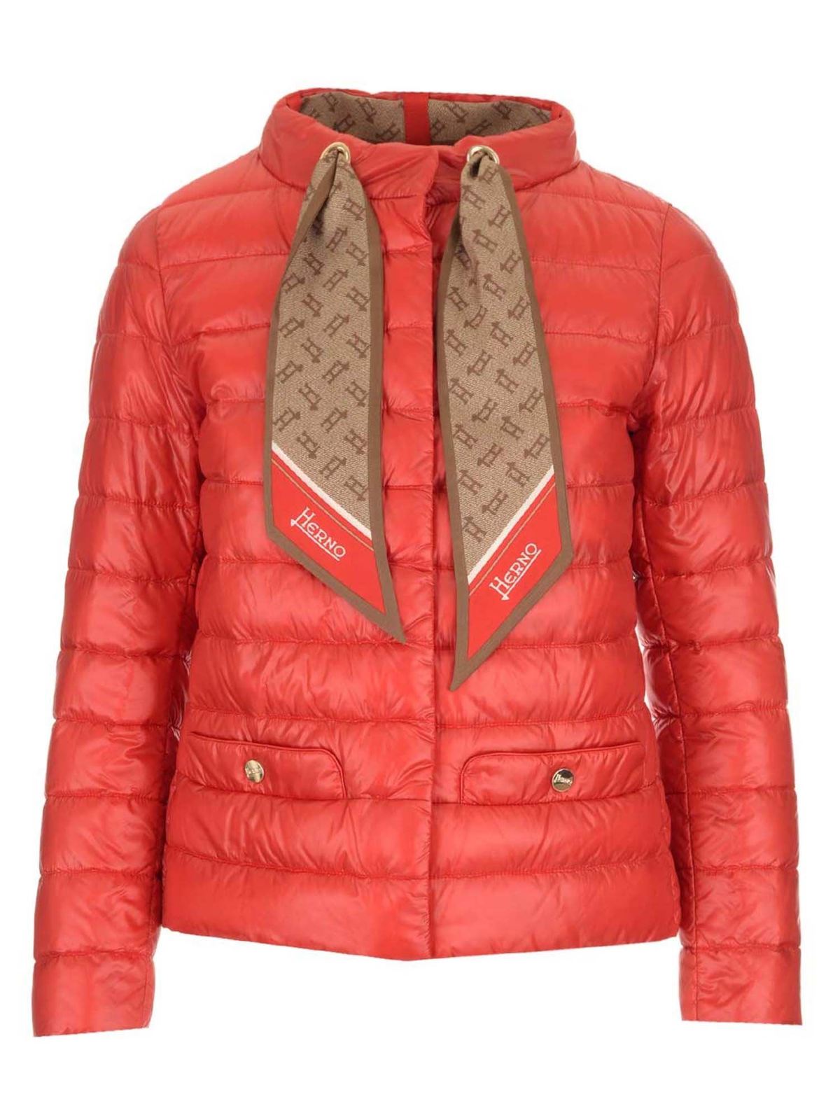 HERNO BRANDED SCARF PADDED JACKET IN RED