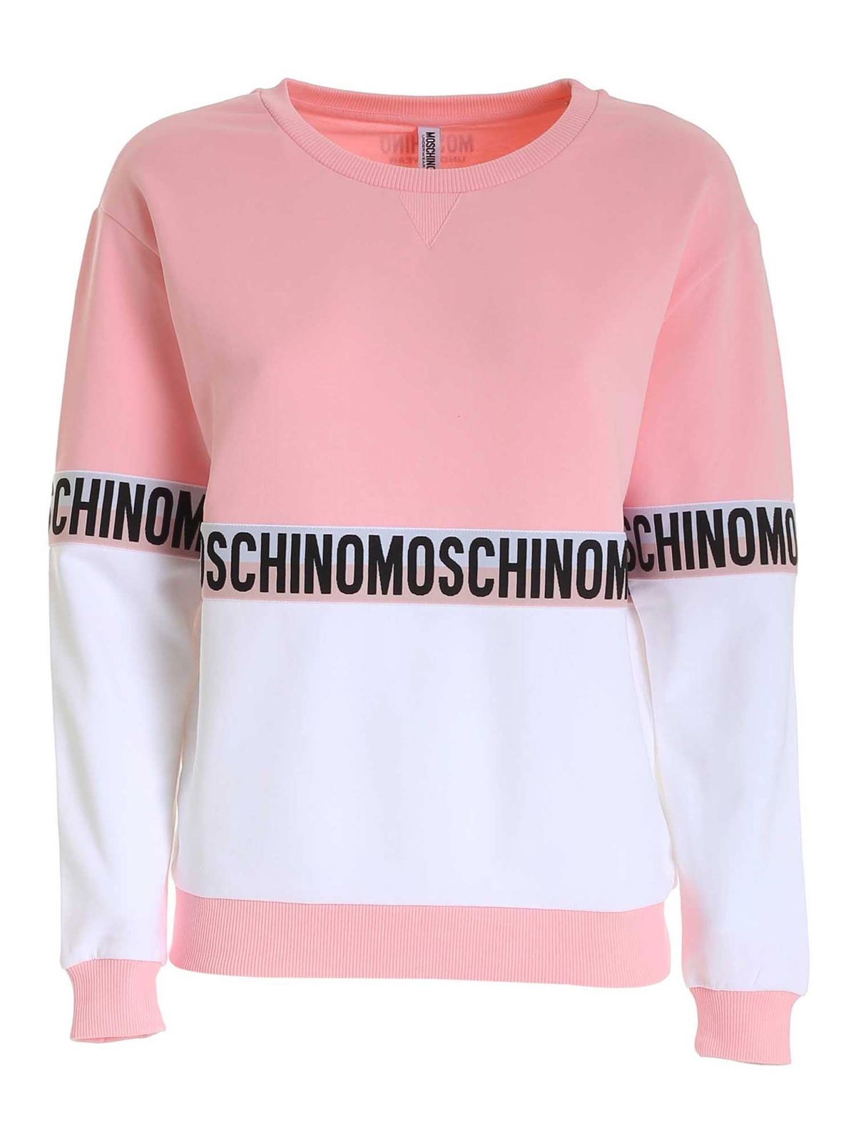 MOSCHINO LOGOED BANDS SWEATSHIRT IN PINK AND WHITE