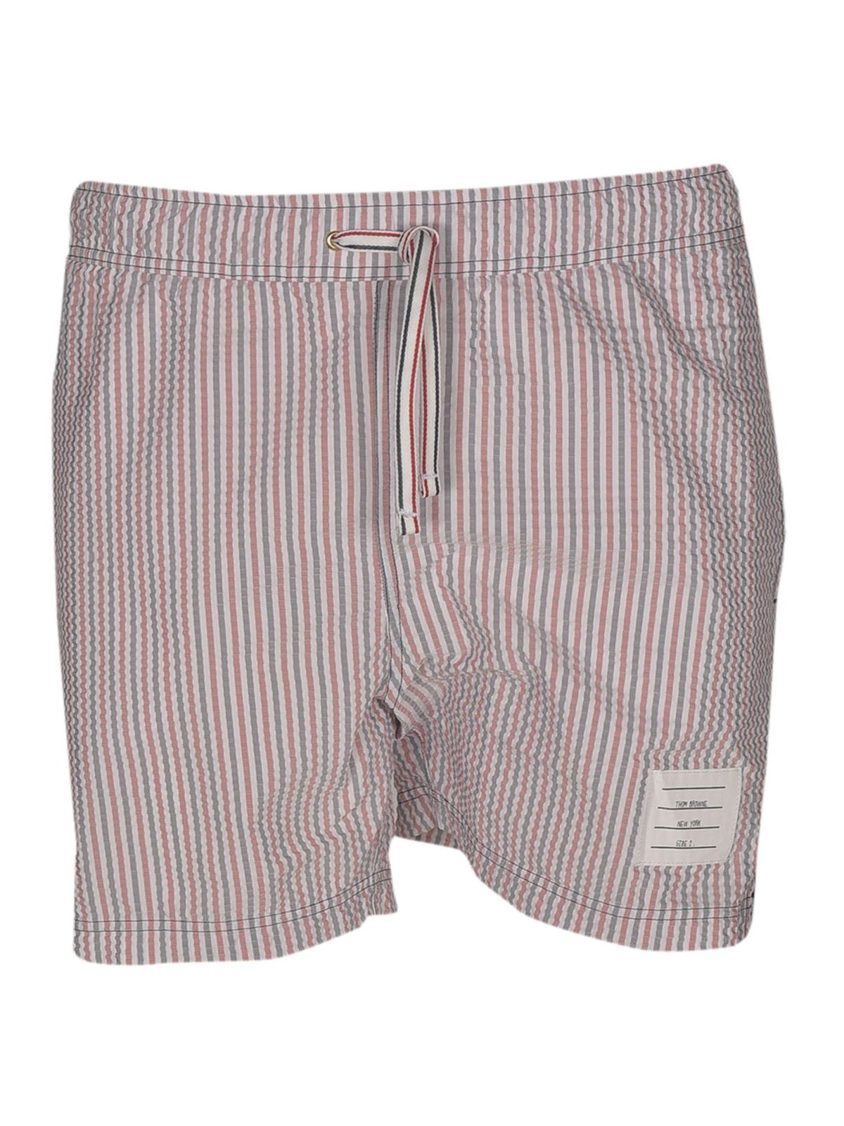 THOM BROWNE RED AND BLUE STRIPES SWIM SHORTS IN WHITE