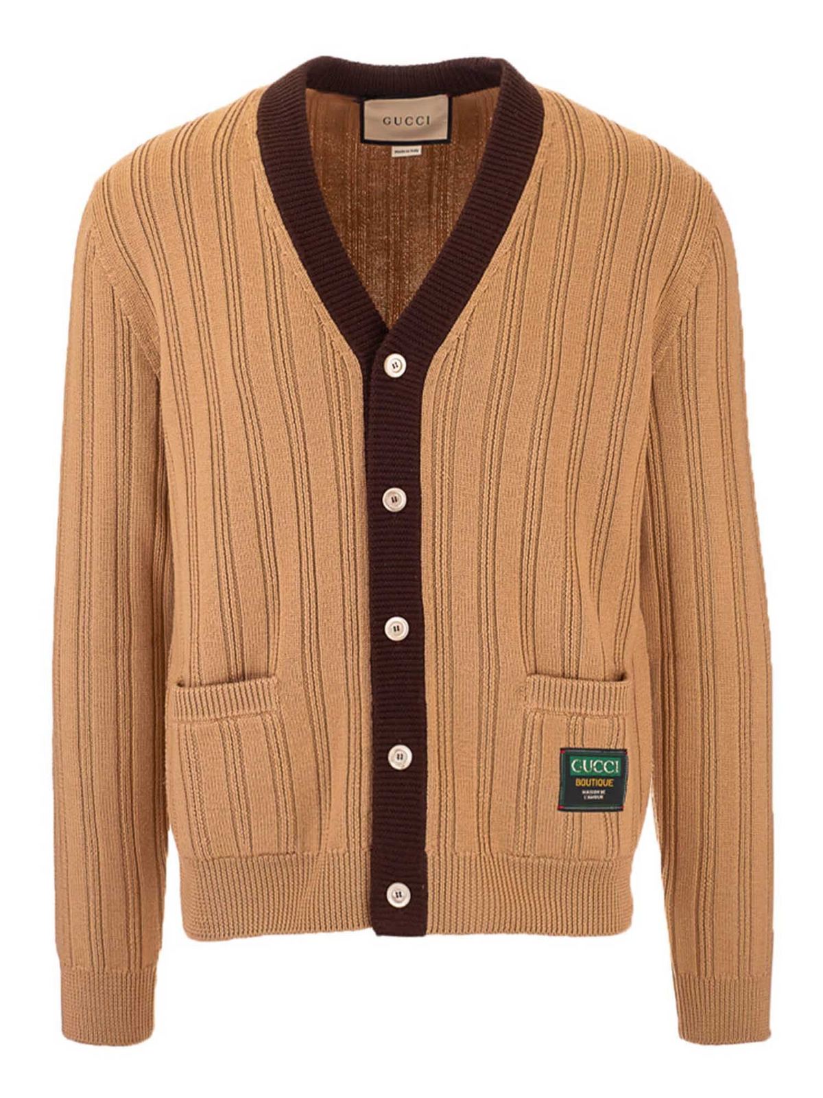 Gucci Ribbed Cardigan In Camel Color