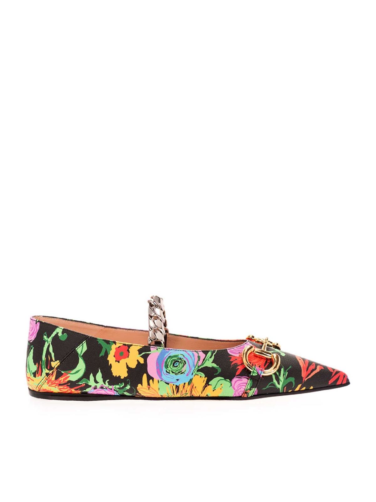 Gucci FLORAL PRINT CHAIN BALLET FLATS IN BLACK