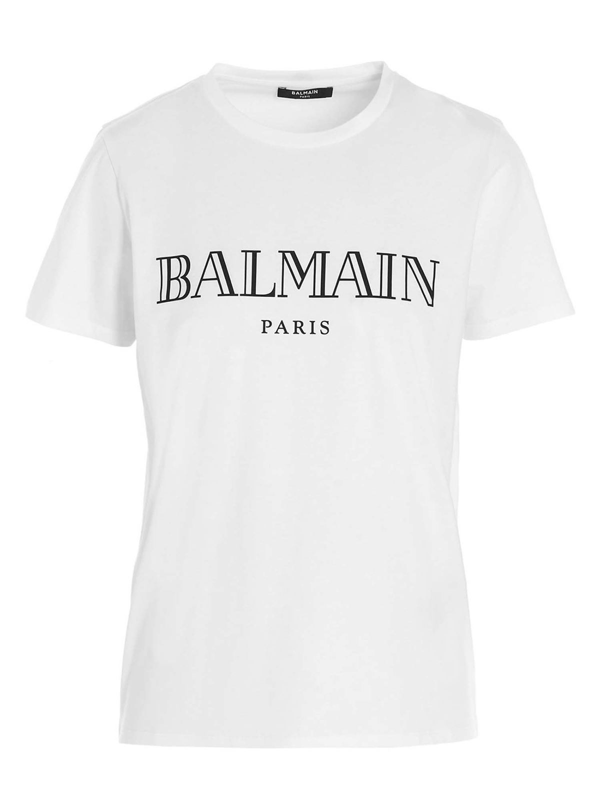 BALMAIN BLACK LOGO PRINT T-SHIRT IN WHITE