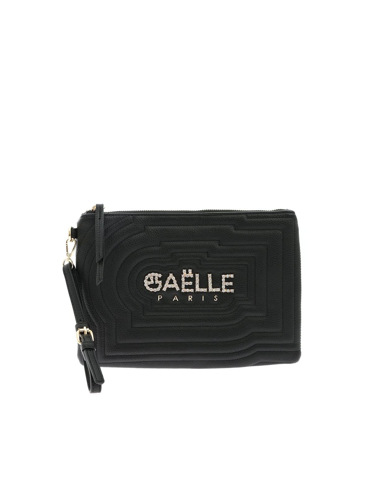 GAELLE PARIS QUILTED CLUTCH BAG WITH RHINESTONE LOGO IN BL