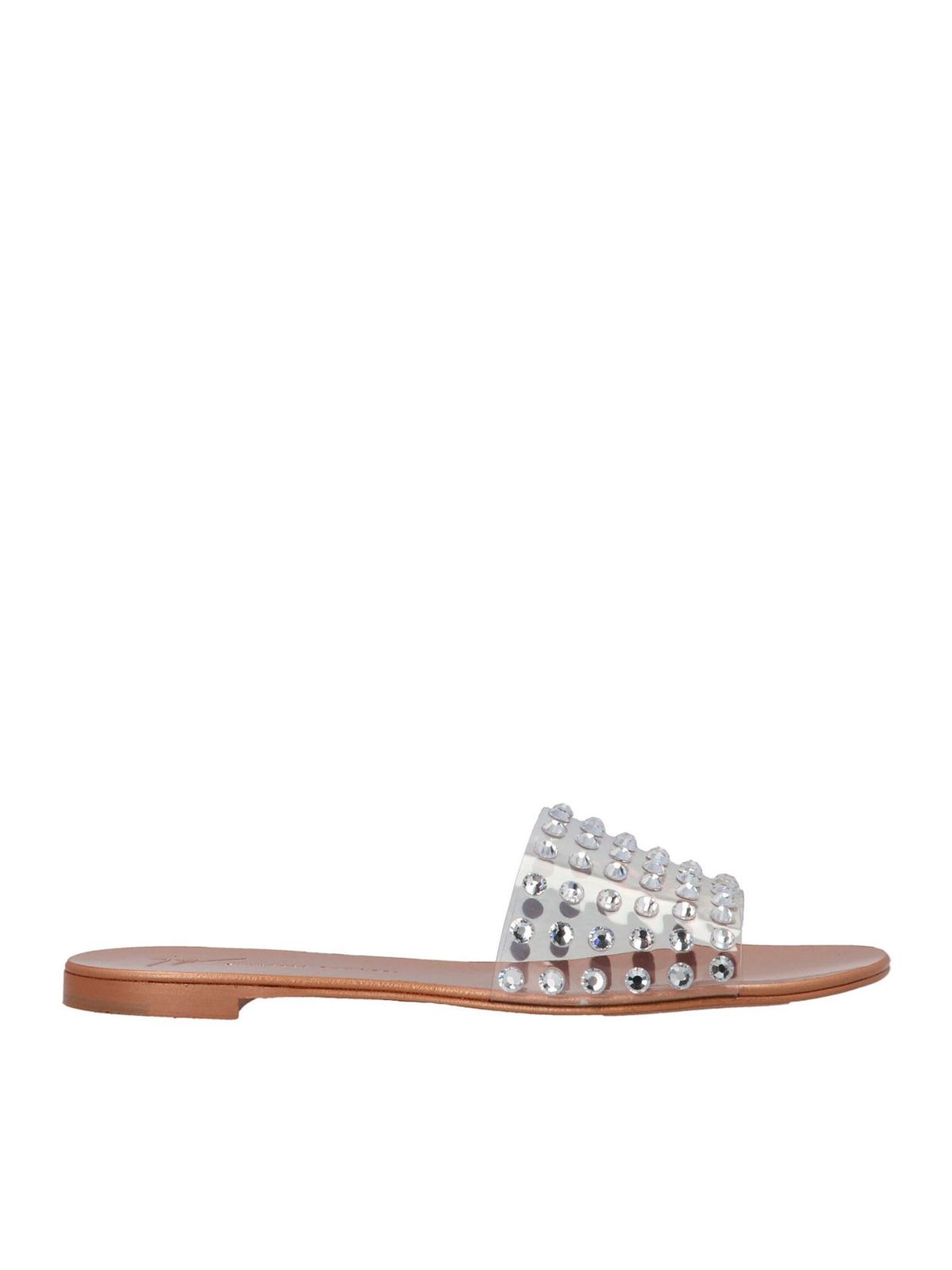 GIUSEPPE ZANOTTI CRYSTAL LEATHER SLIDES IN SILVER COLOR