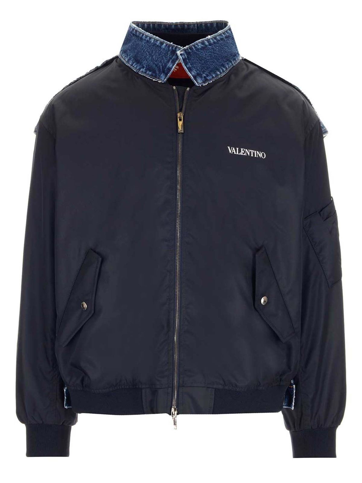 Denim jacket Valentino - Nylon and denim bomber jacket in blue ...