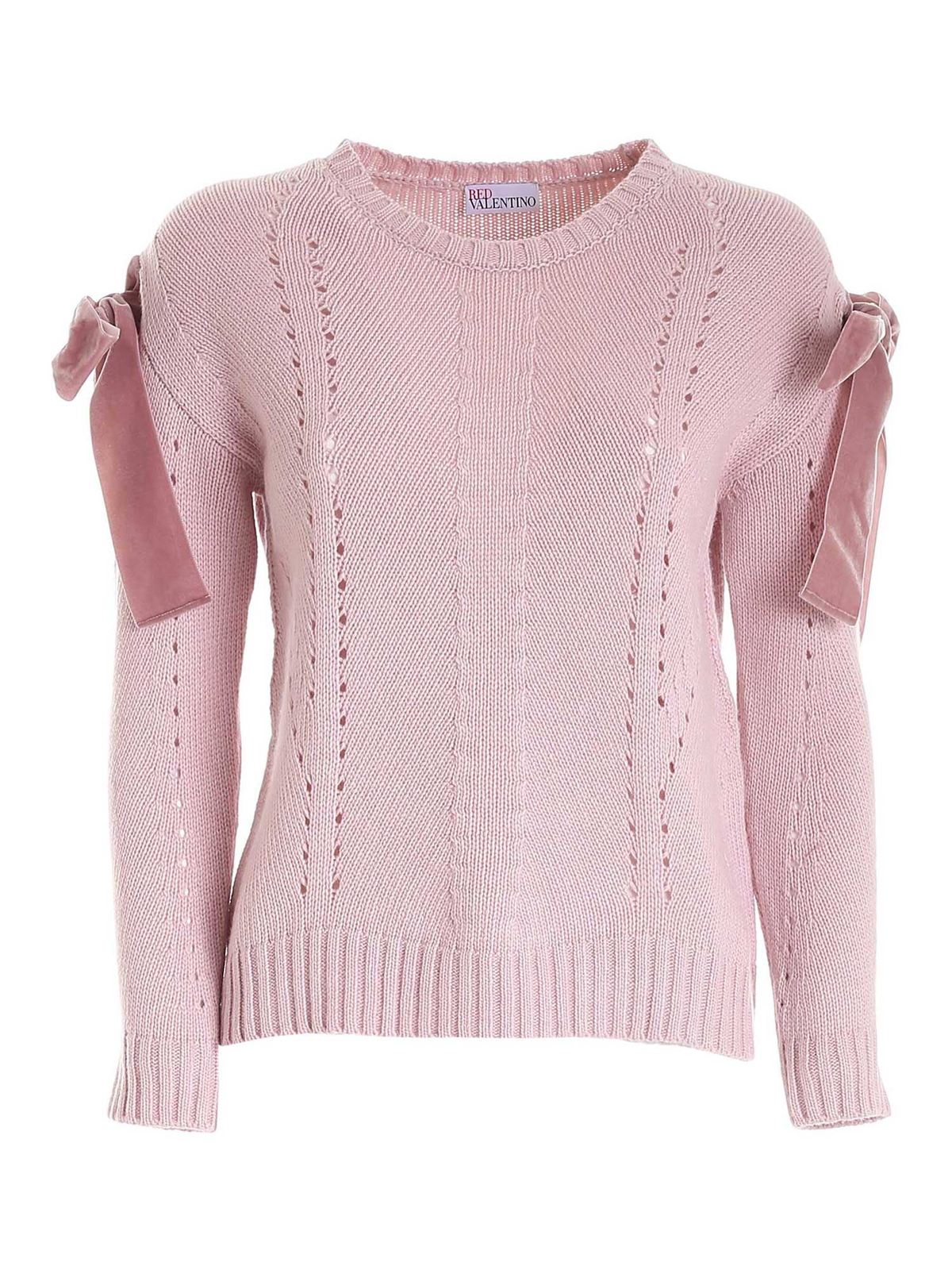 Maglia collo rotondo Valentino Red - Maglione rosa con fiocchi in velluto -  WR3KC09I648R13