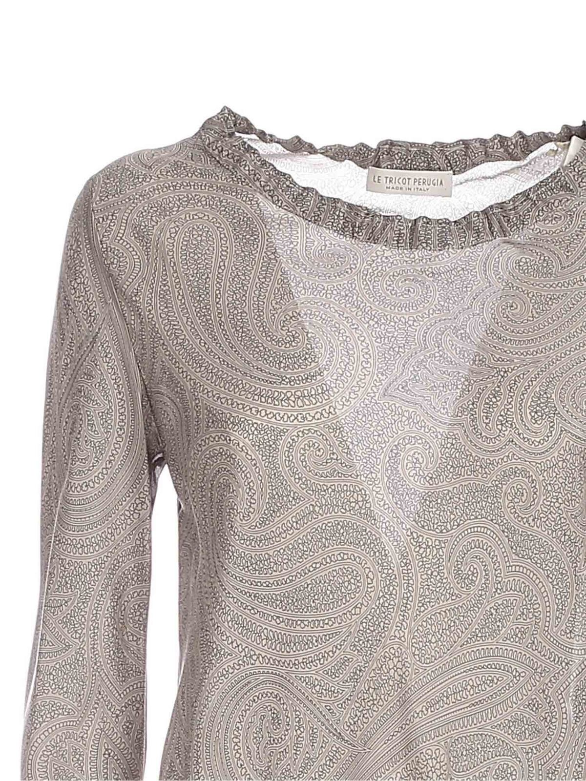 Blouses Le Tricot Perugia - Cashmere printed blouse in grey - 6615473277488