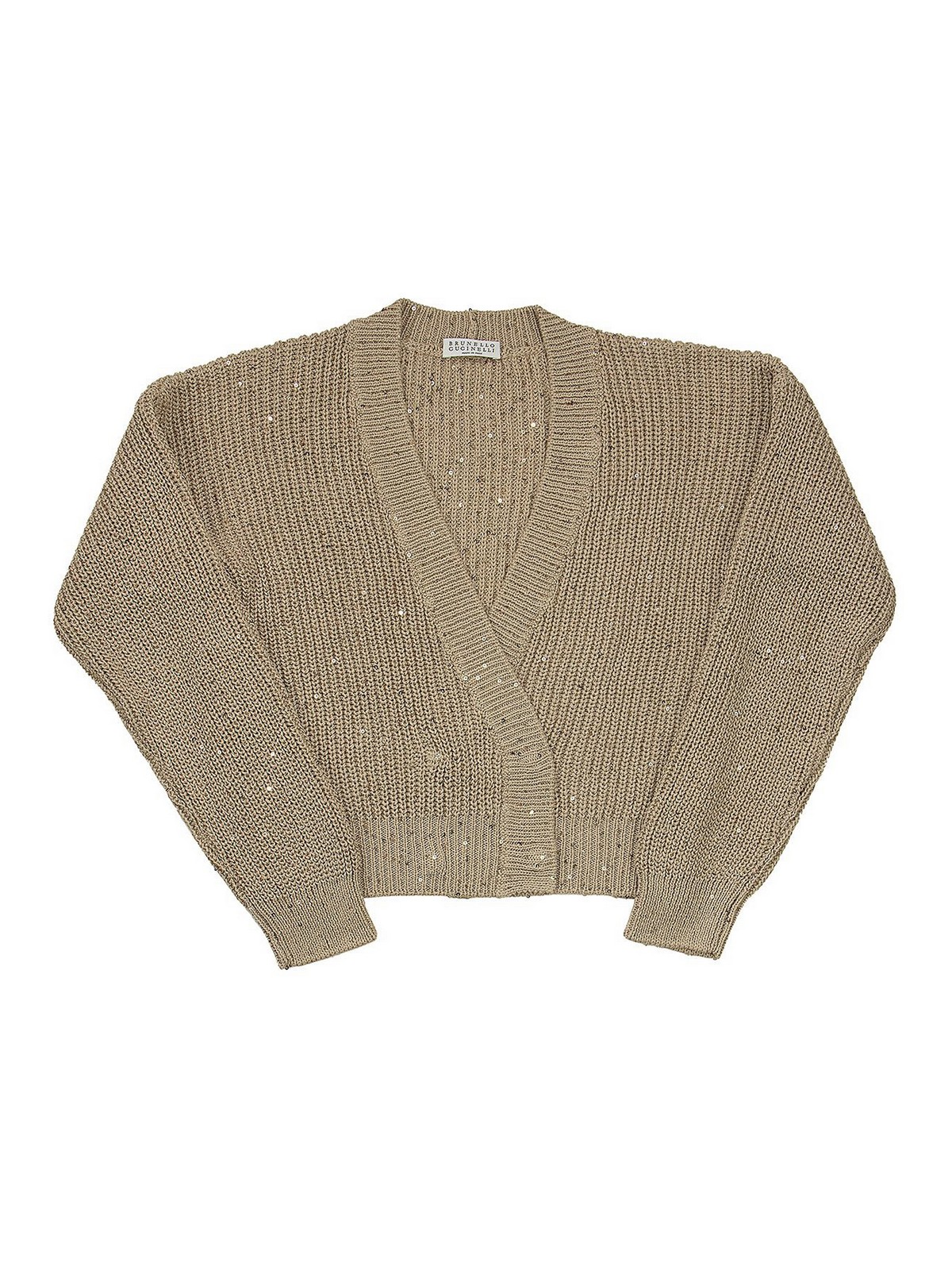 Brunello Cucinelli Linen And Silk Diamond Yarn Half English Rib Knit Cache-coeur Cardigan In Dark Beige