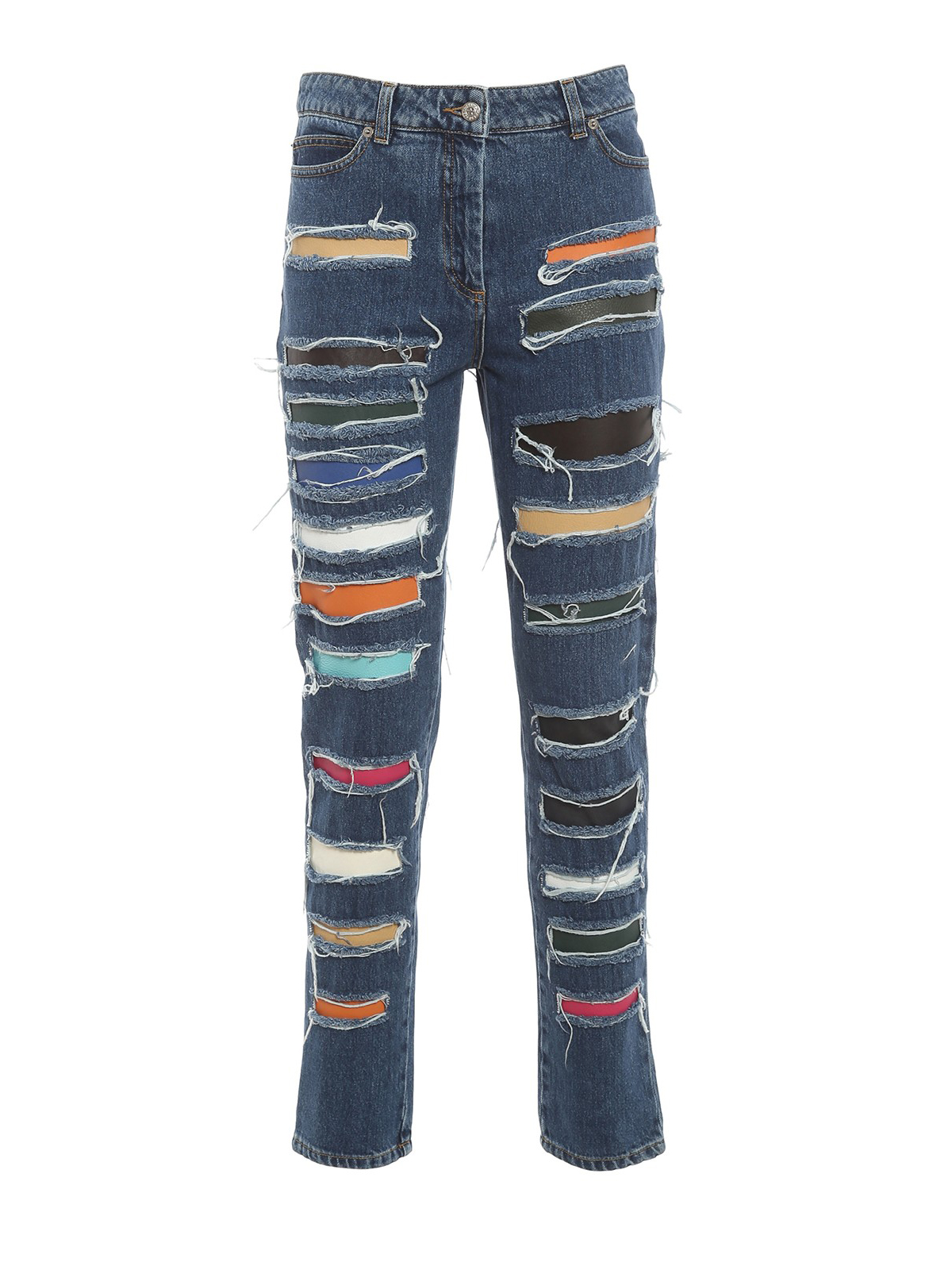 Straight leg jeans Jeremy Scott - Denim jeans with multicolour leather ...