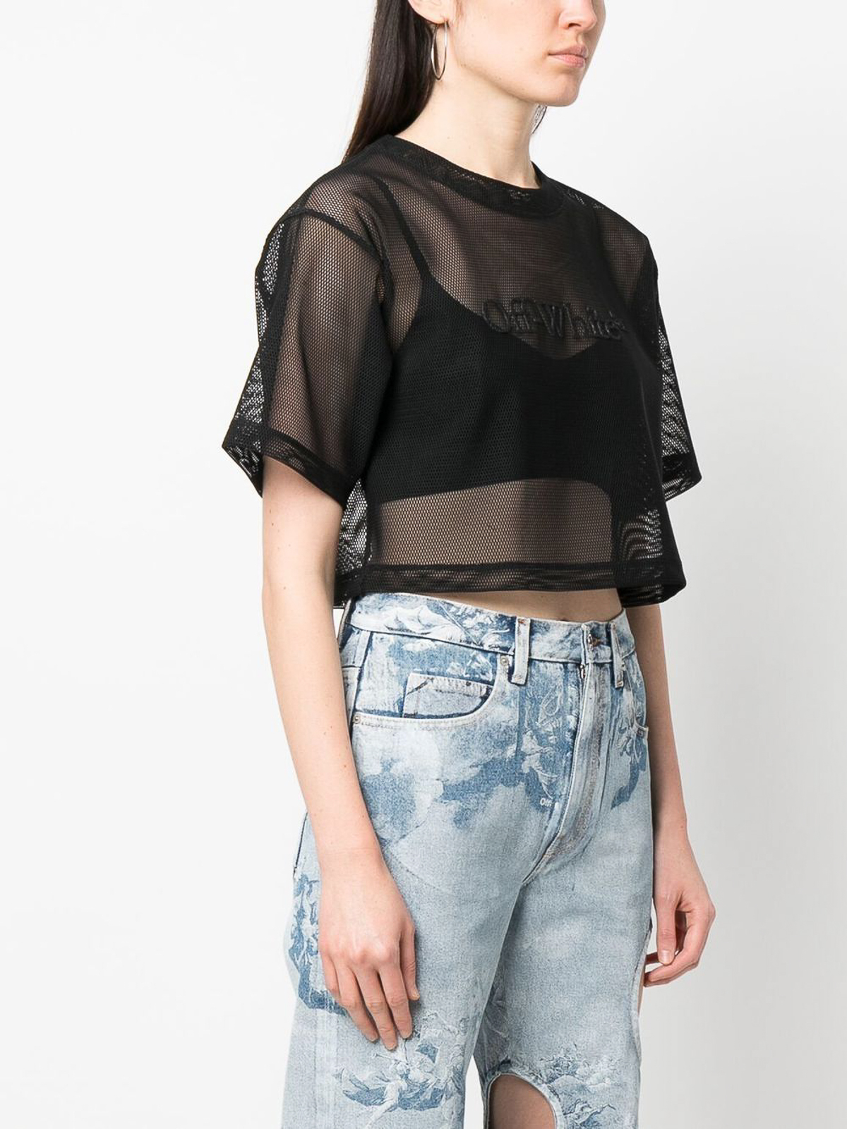 T-shirts Off-White - Logo print cropped mesh Tee