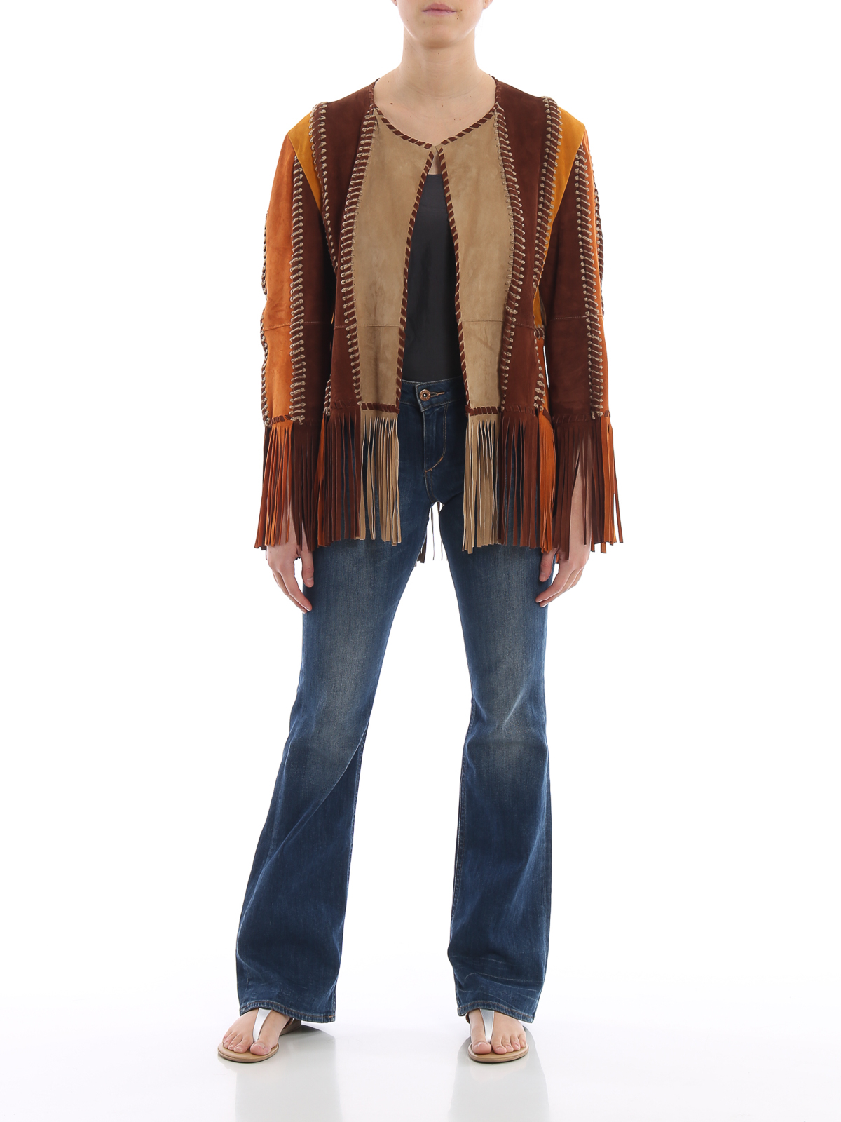Alberta Ferretti Brown ethnic frayed leather jacket Alberta Ferretti Brown ethnic frayed leather jacket