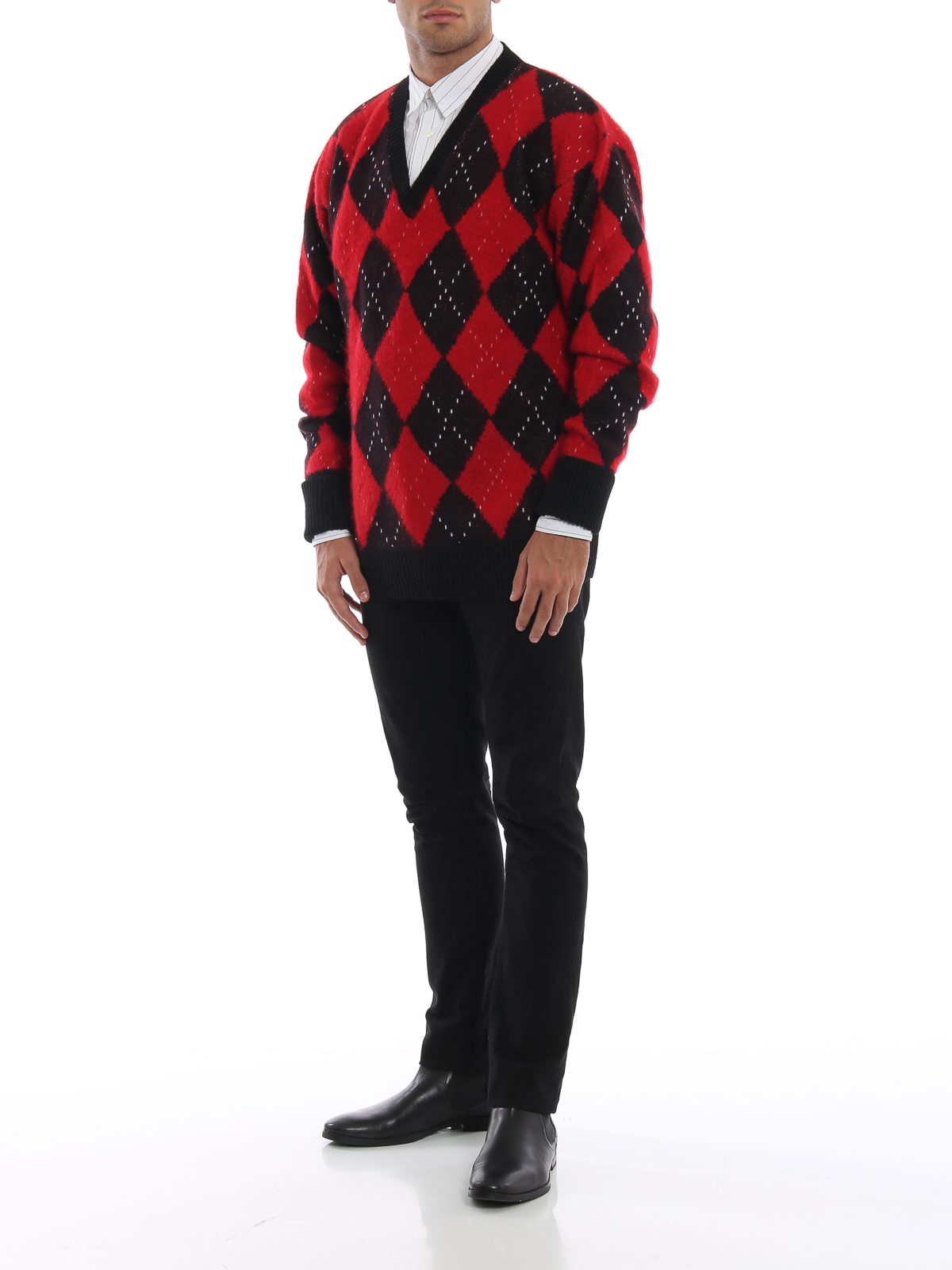 V necks Alexander Mcqueen - Red and black argyle mohair blend