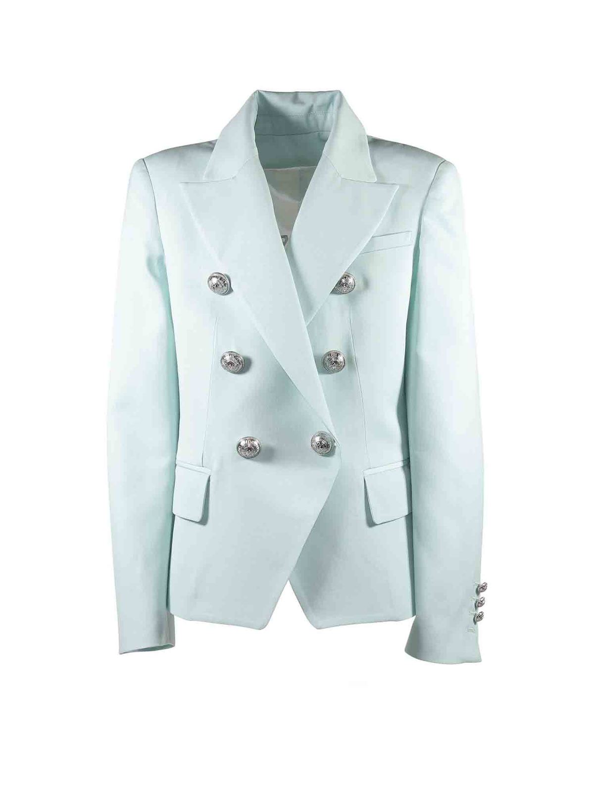 BALMAIN JACKET IN LIGHT BLUE WITH EMBOSSED BUTTONS
