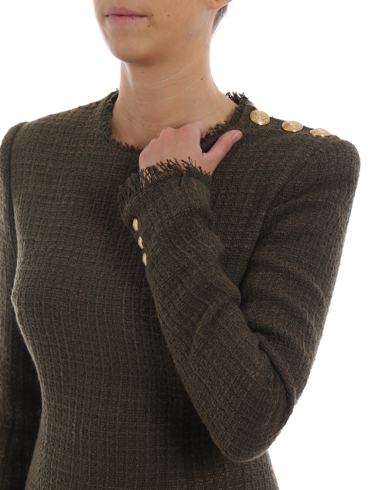 Short dresses Balmain Army green boucle crew neck dress