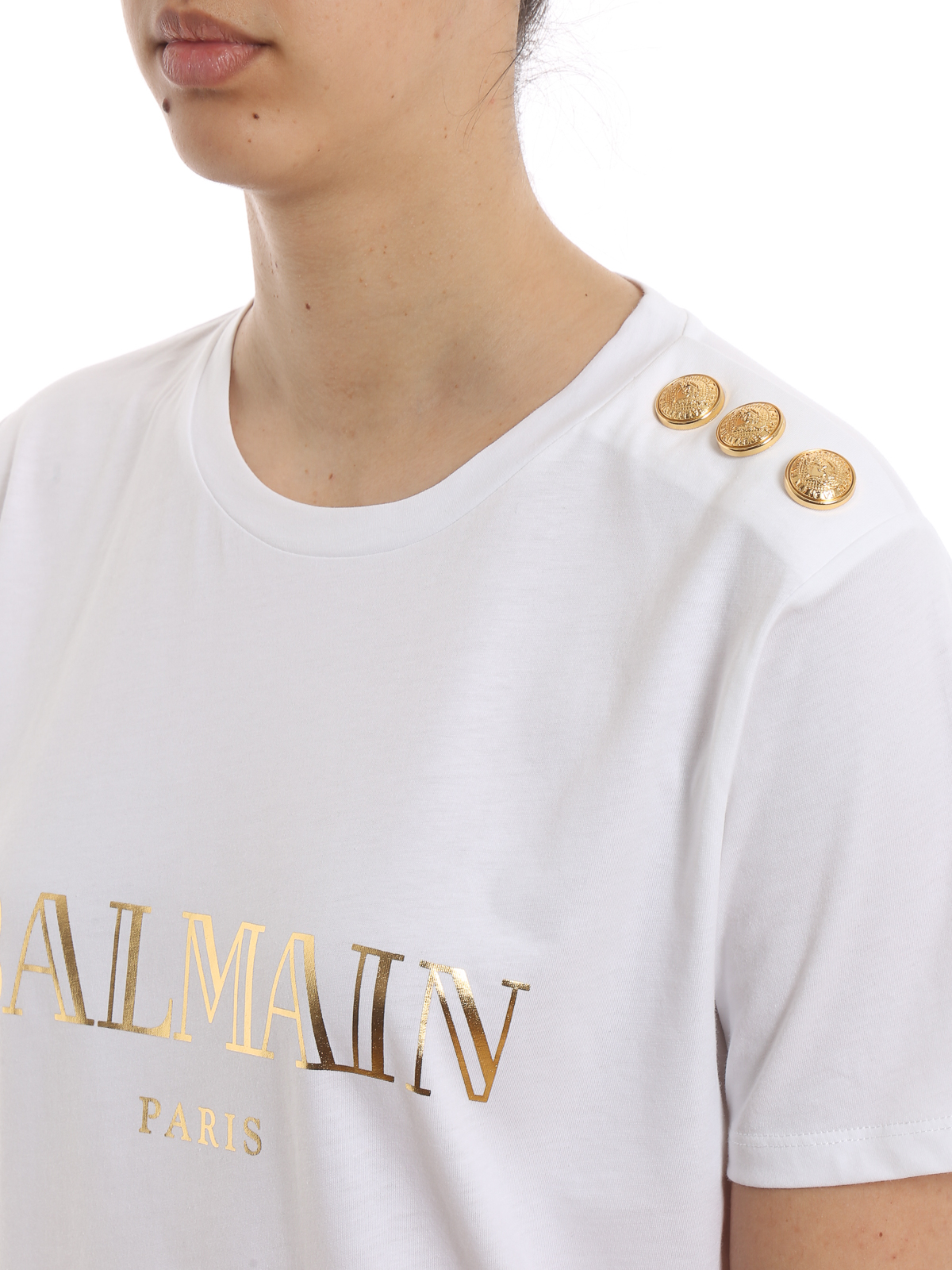 Balmain - Gold logo white cotton T-shirt - t-shirts - RF01322I170GAD