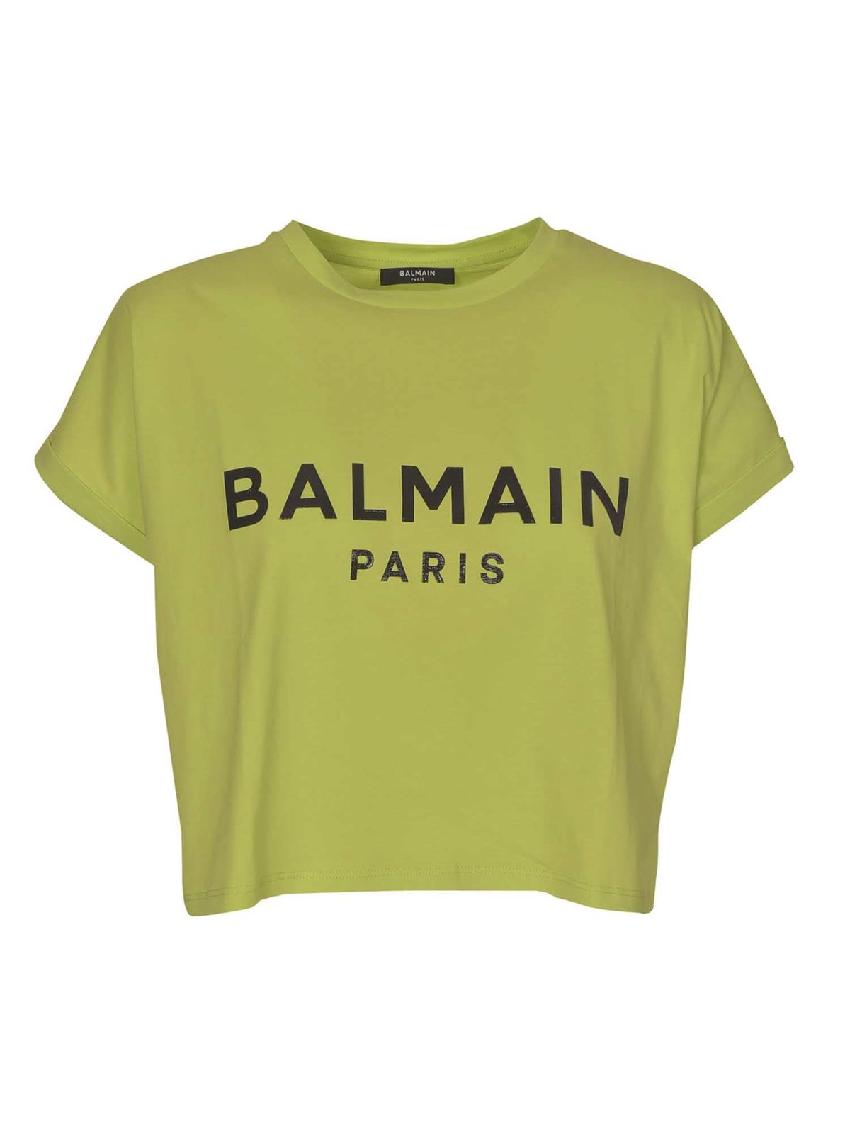 BALMAIN CROPPED T-SHIRT IN YELLOW AND BLACK