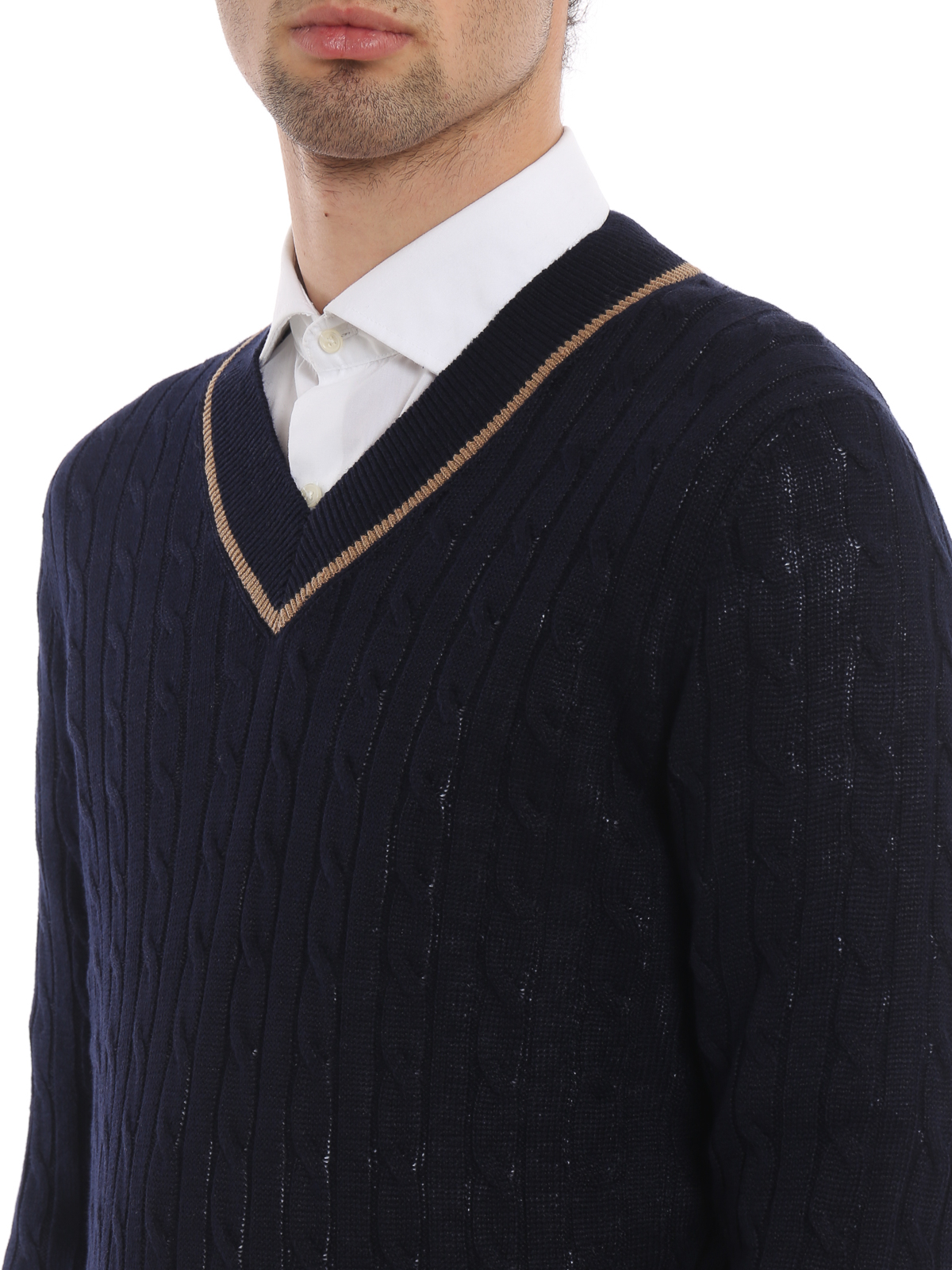V necks Brunello Cucinelli - Blue cable knit linen and cotton 