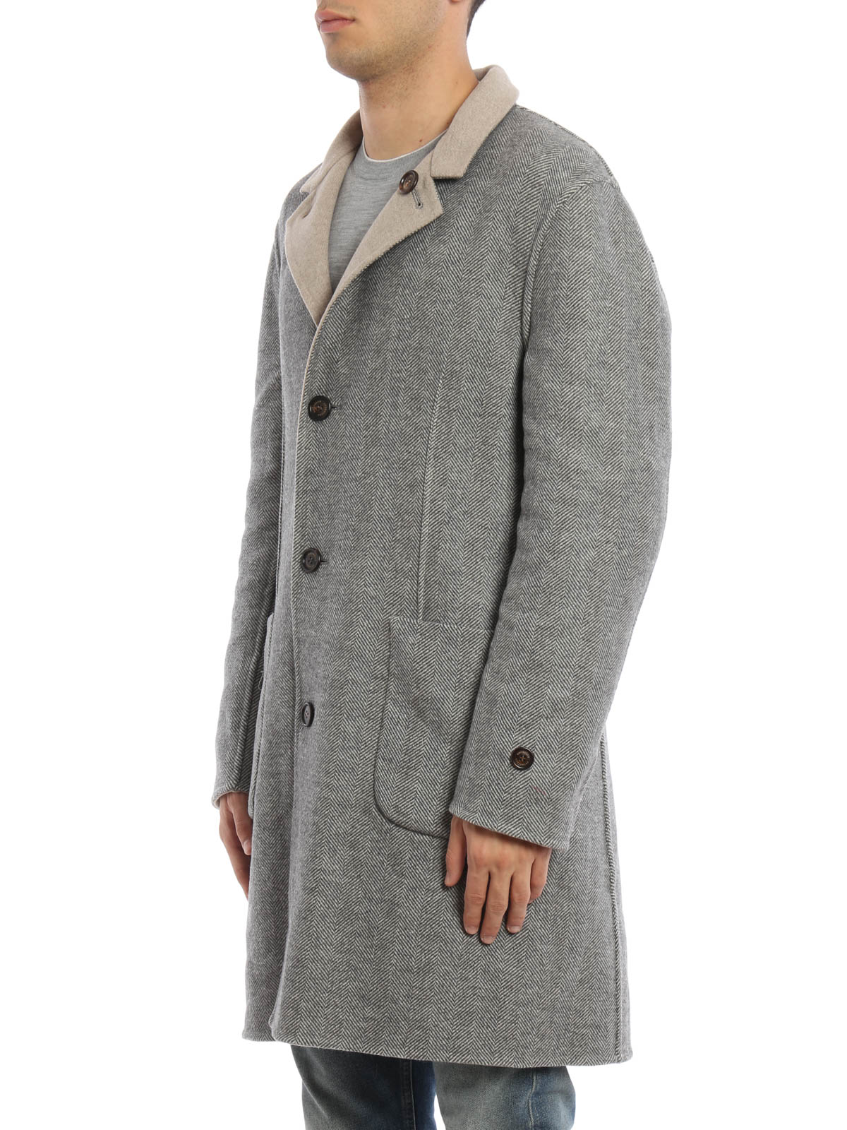 Mens Clothing Coats Short coats Brunello Cucinelli Wool Herringbone Double-breasted Coat in Grey Grey for Men 