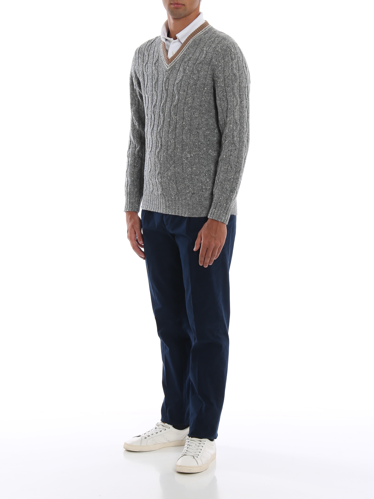 V necks Brunello Cucinelli - Grey melange cable knit V-neck