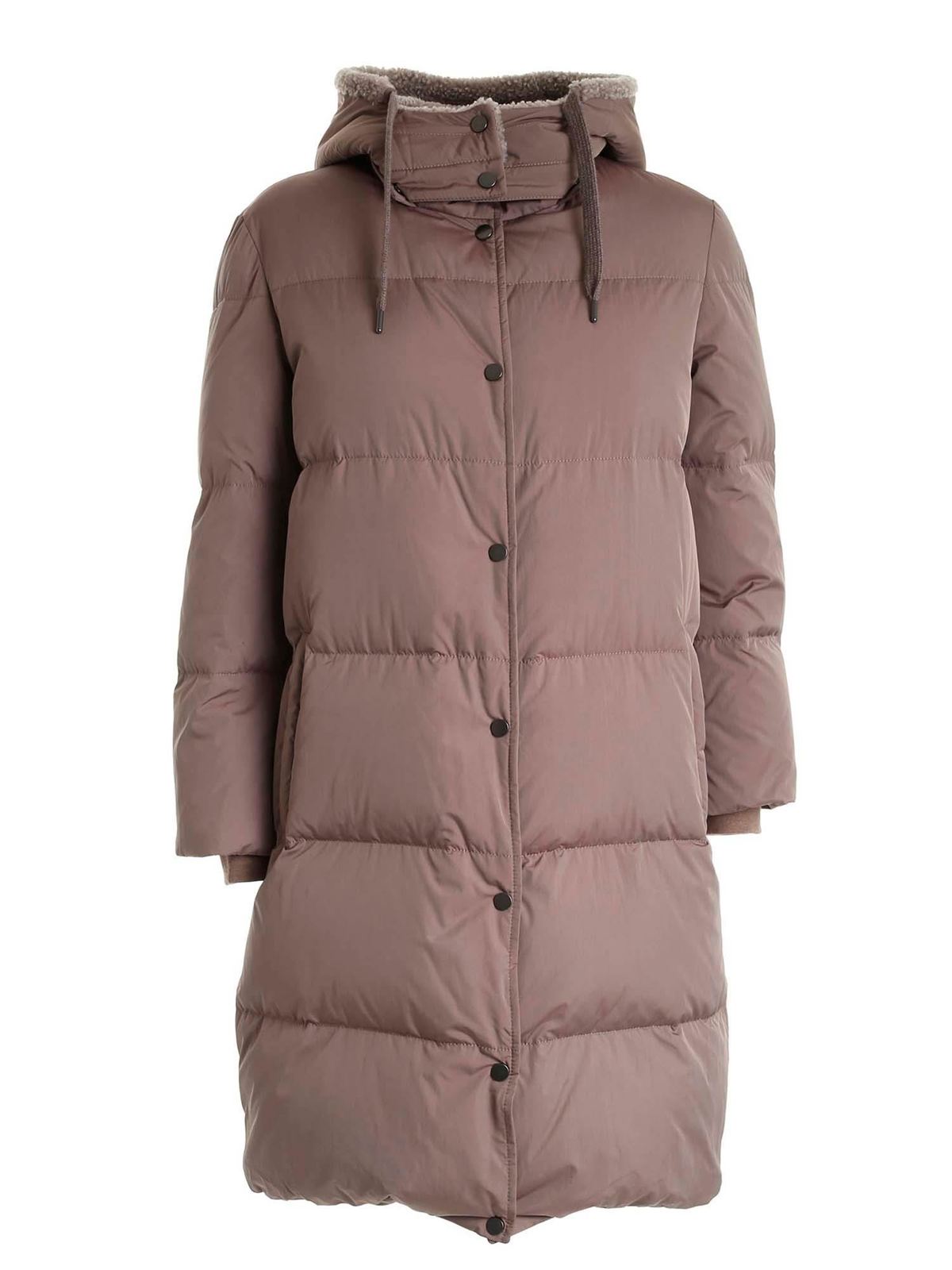 Padded coats Brunello Cucinelli - Down jacket in brown with sheepskin ...
