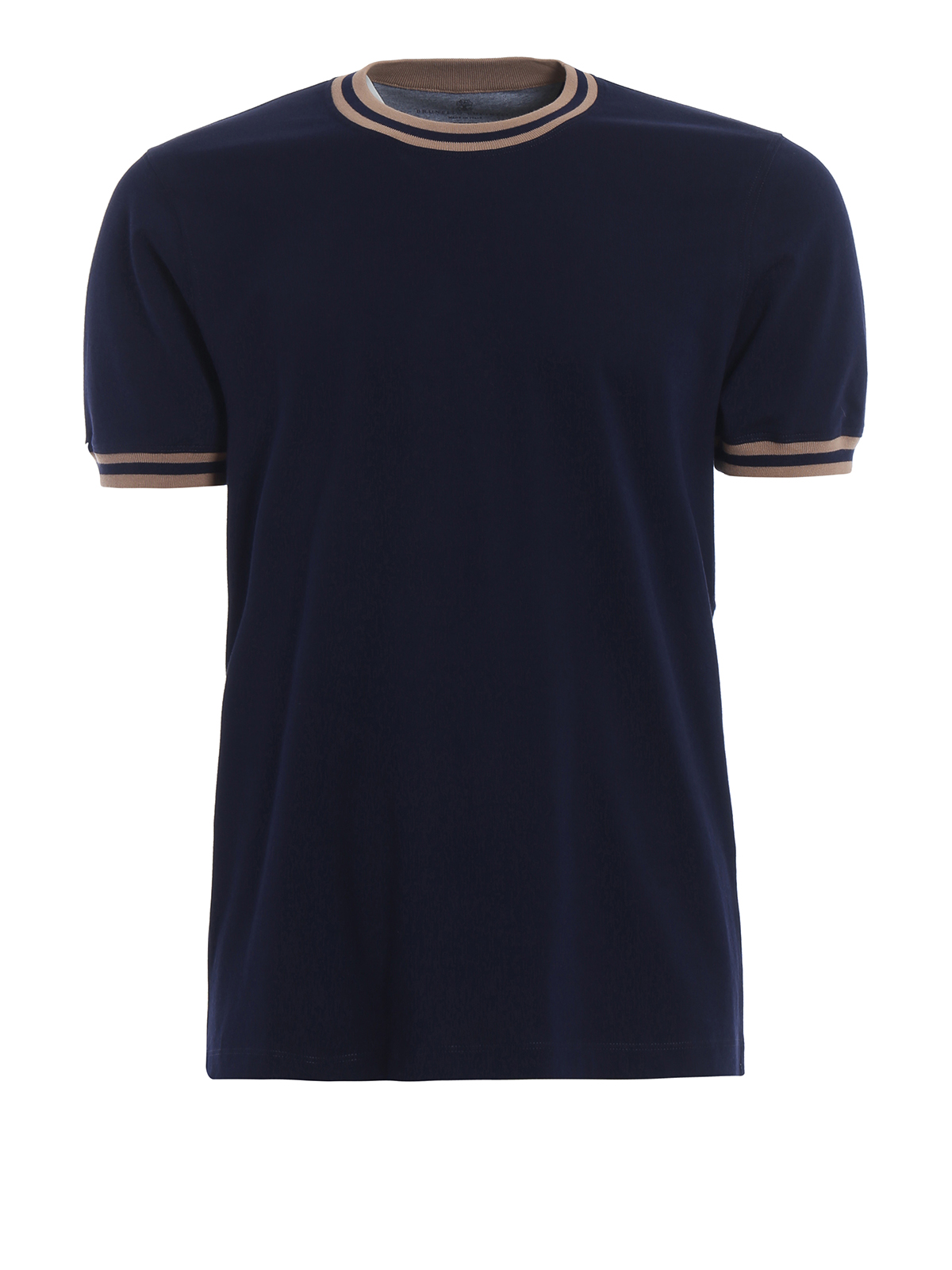 T-shirts Brunello Cucinelli - Blue jersey T-shirt with striped trimming ...